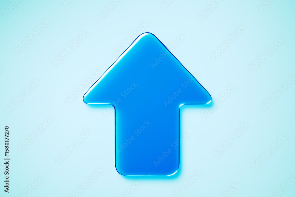 Poster glossy blue upward arrow symbol with glass effect on light gradient background for modern design or 