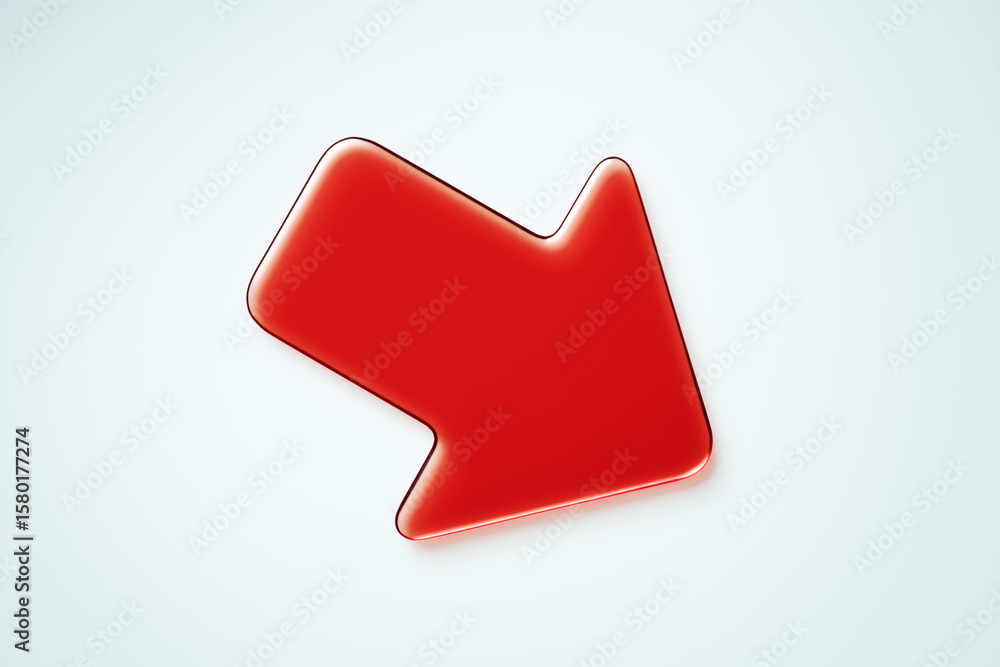 Poster glossy red glass arrow symbol pointing down-right isolated on light grey gradient background in abst