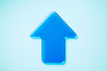 Fototapeta premium Glossy blue upward arrow symbol with glass effect on light gradient background for modern design or direction concept. 3D Rendering