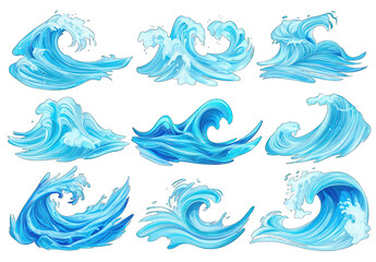 Twelve diverse stylized depictions of ocean waves in shades of blue