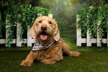 Happy Goldendoodle Lying on Grass in Garden Scene