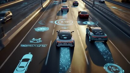 Autonomous Vehicles with Digital Interface Driving on a Lighted Highway During Golden Hour For Technology and - Powered by Adobe