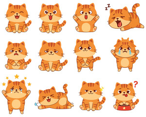 Obraz premium Picture a collection of flat-style vector illustrations featuring a lovable, chubby orange tabby cat, all unified on a pristine white background