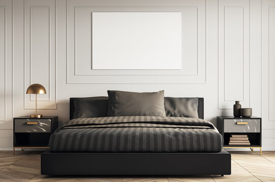Modern luxury bedroom interior with blank canvas above bed in beige wall molding background, stylish furniture and elegant lighting. 3D Rendering