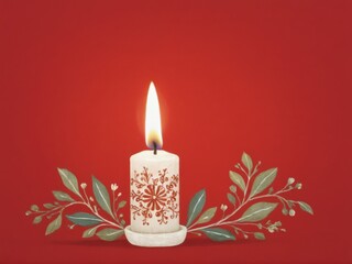  A solitary candle adorned with folk art Scandinavian designs on a vivid red backdrop