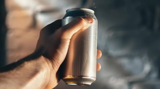 Hand of man holding a beer can with silver label, set against the backdrop of an urban environment.