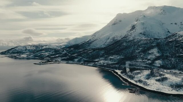 Snow-blanket Mountains During Winter In Lodingen, Nordland County In Norway. Aerial Drone Shot