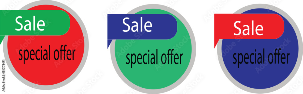 Poster glossy blue 3d web icon with a round new sale badge and push button symbol illustration for internet