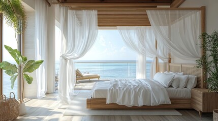 Luxury beach house bedroom interior with a rustic canopy bed, white curtains, and a balcony sea view. 