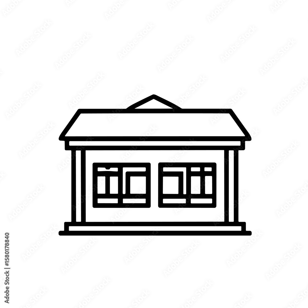 Poster a simple black and white line art icon depicting a generic building with a roof and two windows.