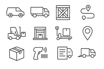 Logistics and delivery icons: trucks, routes, forklift, barcode scanner