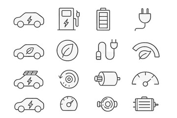 Electric vehicle icons set featuring charging and eco-friendly symbols