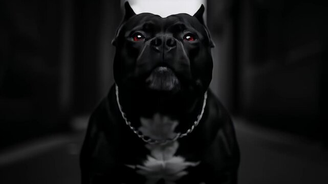 Intense Black Dog with Red Eyes in Blurred Alleyway Setting Dark Canine with Glowing Red Eyes Amidst Blurred Urban Scenery Mysterious Watchful Animal in Black and White Backdrop
