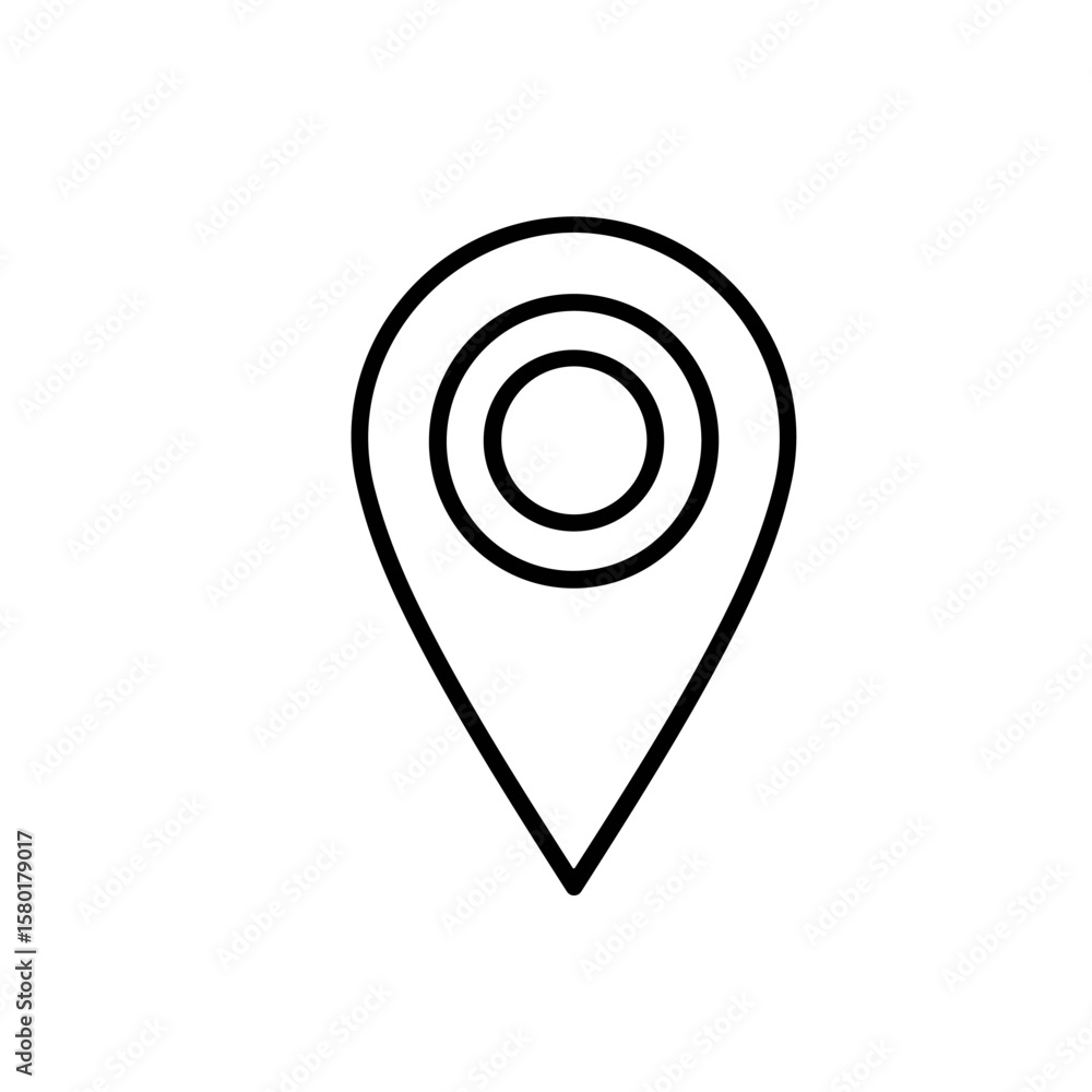 Poster minimalist black outline icon of a location pin with concentric circles, symbolizing a map marker.