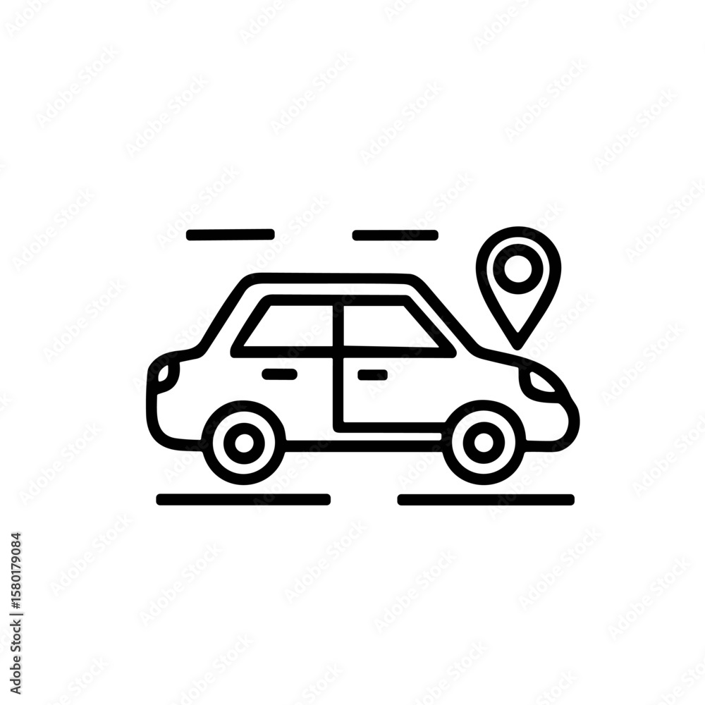 Poster a line art icon of a moving car with a gps location pin, representing navigation or a destination.