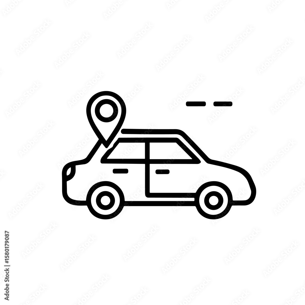 Poster a minimalist line art icon depicting a car with a location pin above it, symbolizing navigation or r