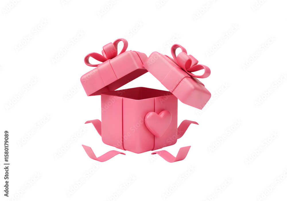Poster 3d rendering pink gift box open with ribbons on transparent background