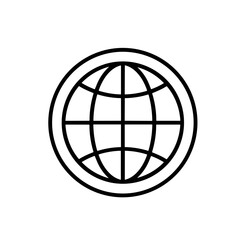 Minimalist black outline icon depicting a global earth or internet network symbol.