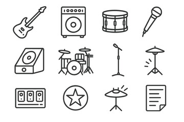 Obraz premium Musical instrument icons set featuring guitar, microphone, and drum kit