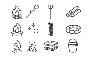 Camping icons set: campfire, marshmallow stick, logs, fire pit, s'mores, bucket
