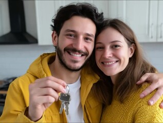 First Home Bliss: A radiant couple, holding keys, embraces the promise of their first home, their faces alight with joy and anticipation, symbolizing new beginnings and shared dreams.