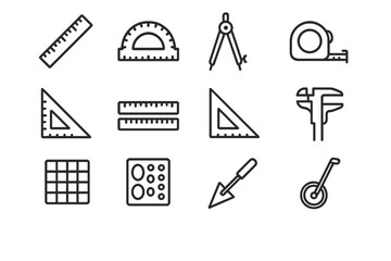 Fototapeta premium Engineering tools: ruler, protractor, compass, caliper, tape measure icons