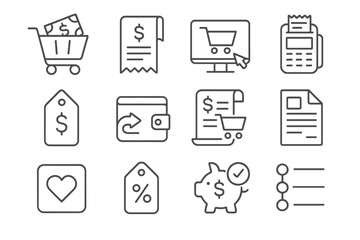 E-commerce icons: shopping cart, receipt, wallet, transaction symbols
