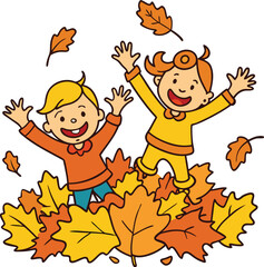 Two children playing in a pile of autumn leaves with their arms raised in the air and smiling cheerfully