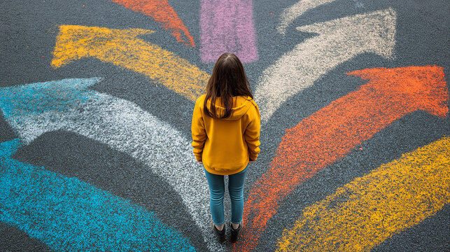 Choosing future profession. Girl standing in front of drawn signs on asphalt, top view. Arrows pointing in different directions as diversity of opportunities