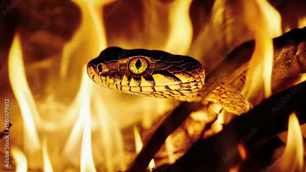 Poster snake gracefully traversing through glowing flames in a captivating firelight display, snake slither