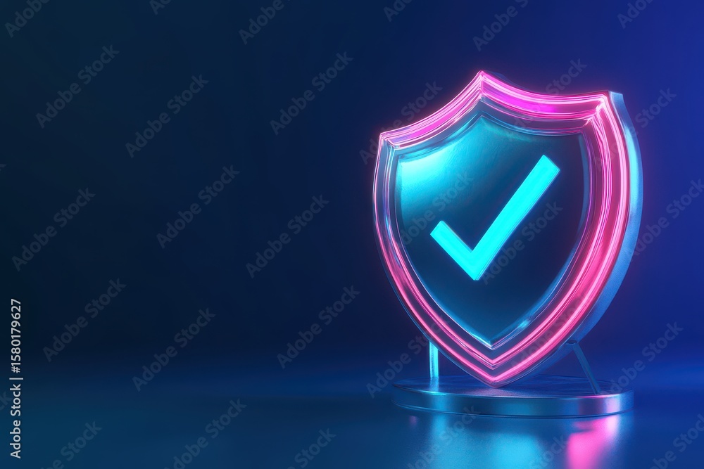 Poster neon blue and pink shield with a check mark. payment successful icon with shield and checkmark glowi