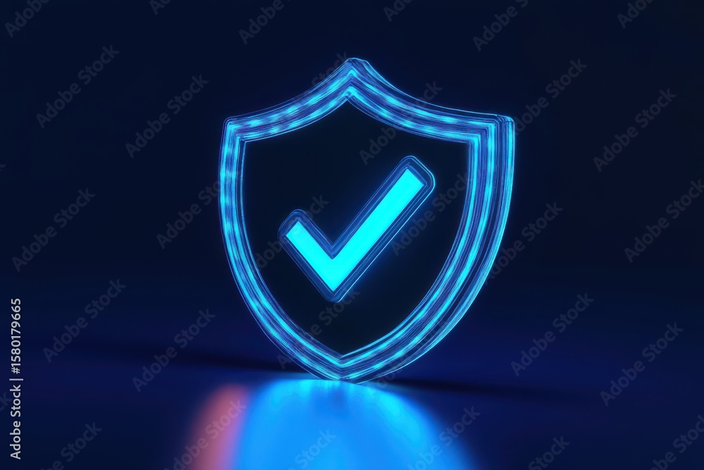 Poster neon blue and pink shield with a check mark. payment successful icon with shield and checkmark glowi