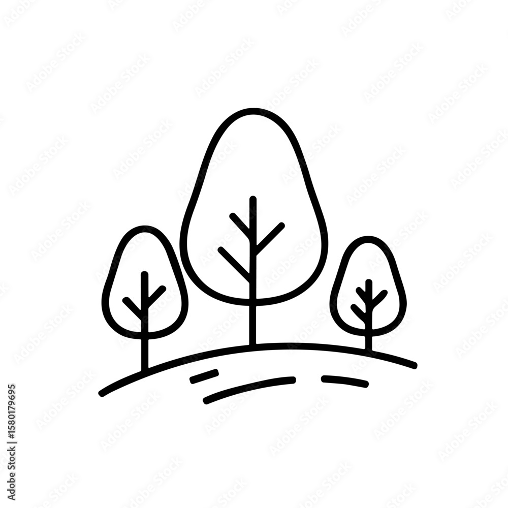 Poster simple line drawing of three stylized trees on a small hill.