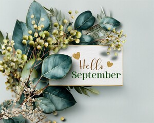 Hello September lettering with eucalyptus leaves watercolor botanical frame art print, watercolor botanical frame wall decor with “ Hello September “ lettering botanical frame design background