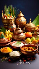 Fototapeta premium Indian food display with ornate copper and clay vessels