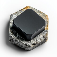 Black charcoal skincare flat lay with hexagon black charcoal soap with granite stone on white background for spa skincare  natural beauty branding display