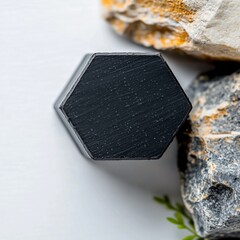Black charcoal skincare flat lay with hexagon black charcoal soap with granite stone on white background for spa skincare  natural beauty branding display