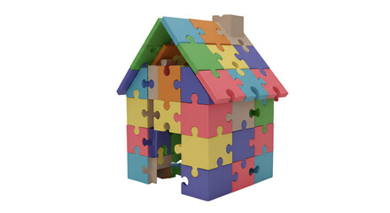 Colorful Puzzle House 3D Illustration On Isolated Black Background