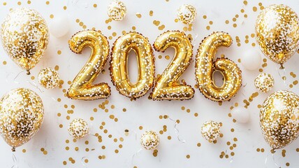 Golden balloons forming on number 2026 surrounded by confetti the a white background, celebrating the new year