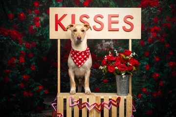 Valentine Dog in Red Bandana at Kissing Booth