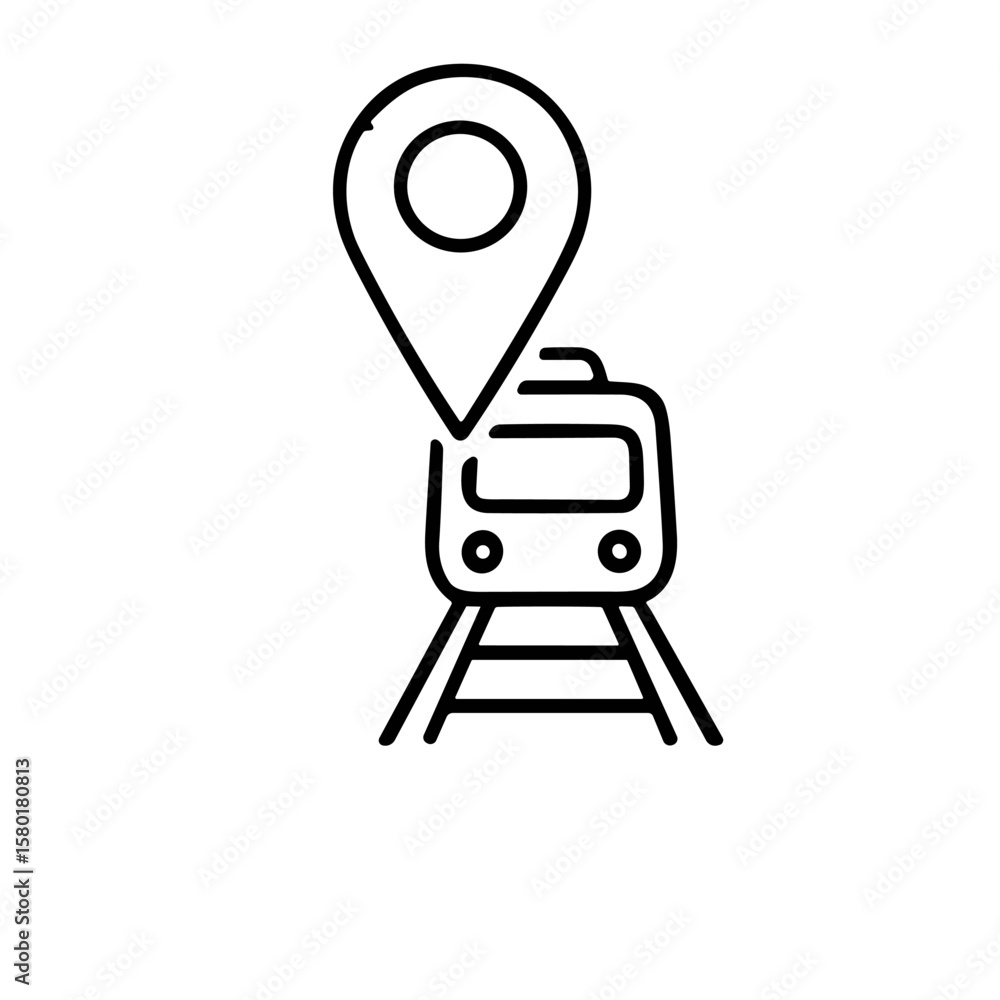 Poster simple black line drawing of a train on train tracks with a location marker above it.