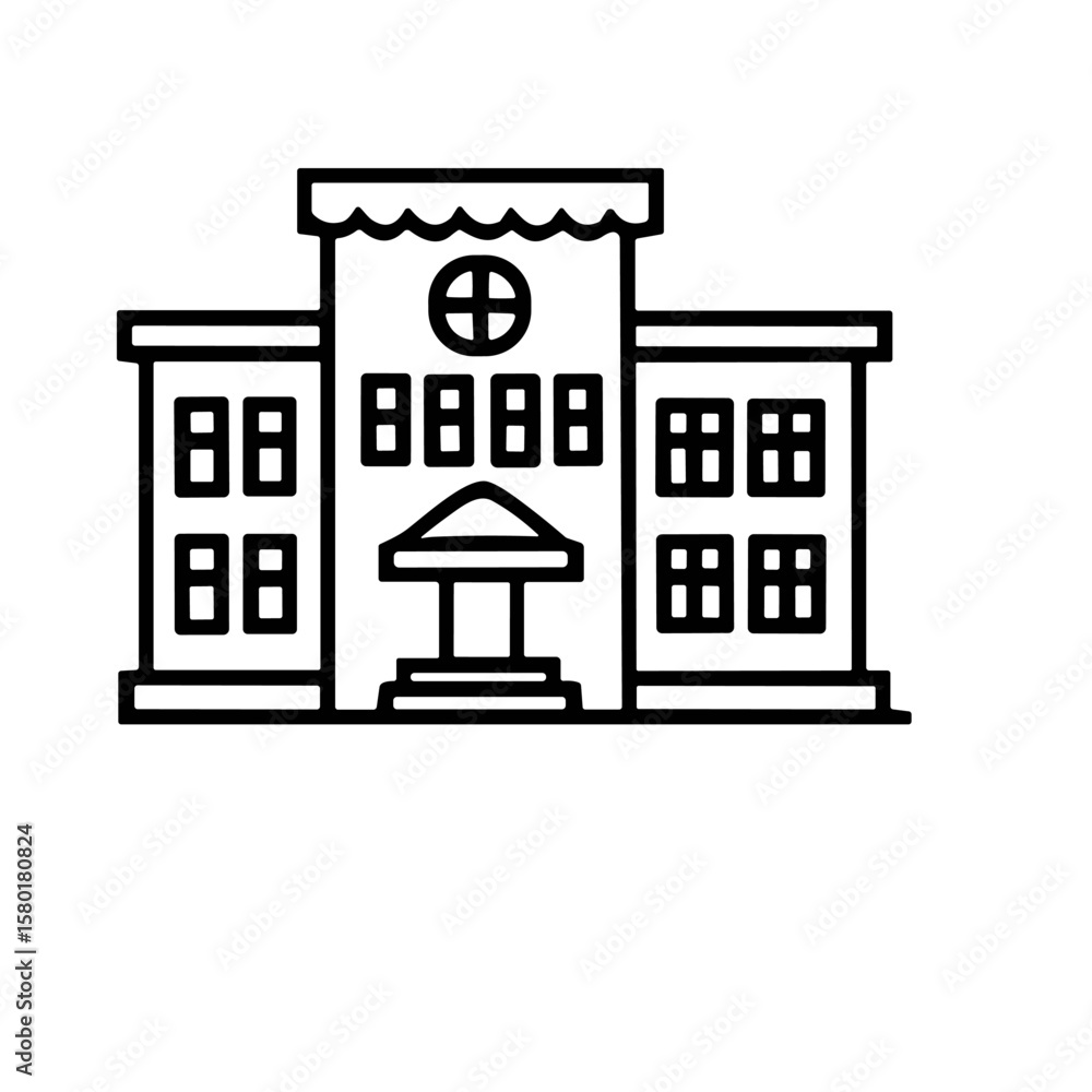 Poster simple line drawing of a two-story building with a central entrance.