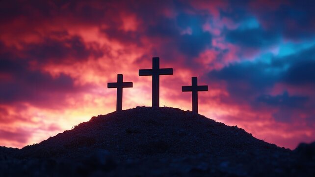 Weathered wooden crosses silhouetted against glowing sunset sky, representing pivotal moment of christian redemption and spiritual sacrifice