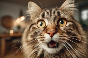 Funny close-up of a surprised tabby cat with wide green-orange eyes and fluffed fur
