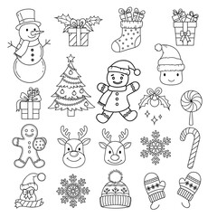 Collection of black and white Christmas themed line drawings.