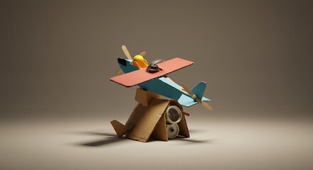A handmade cardboard model airplane with blue and red wings rests on an angular brown cardboard stand