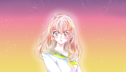 セーラー服の女子学生　やる気　夕暮れ