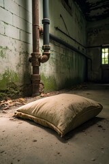 An old, dusty pillow lies on a dirty concrete floor in an abandoned, moldy basement with rusty pipes and a cracked wall, lit by dim natural light