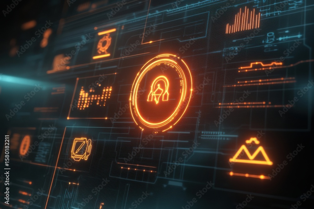 Poster computer screen with a glowing orange circle in the middle. risk management icons with safety and fi