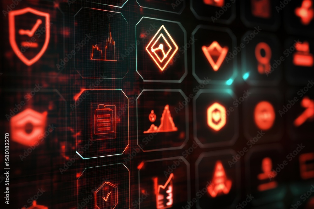 Poster a computer screen with a lot of red icons. risk management icons with safety and financial symbols d